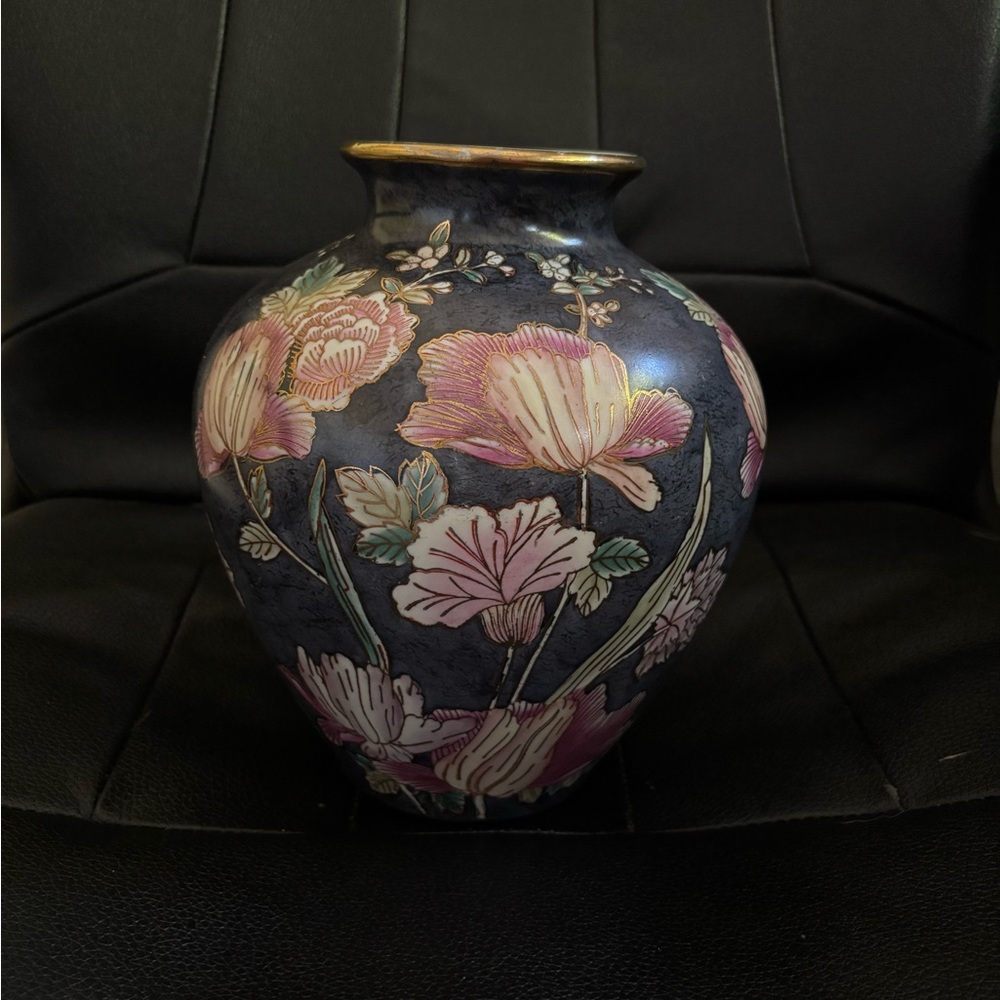 Vintage Cloisonné Ginger Jar Vase with Gold Edged Florals
